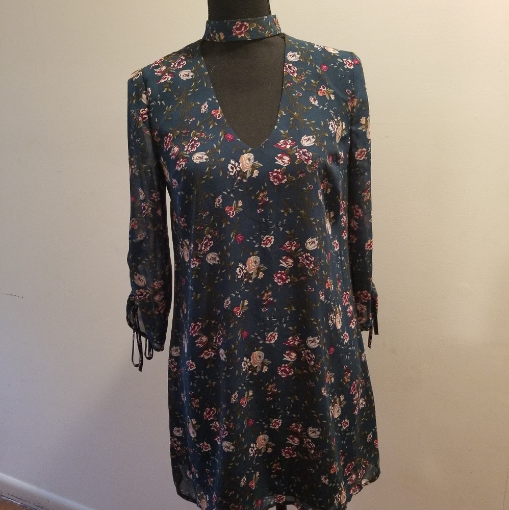 Turquoise flower printed midi dress 3/4 sleeve